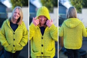 A woman is wearing a lime green cardigan in three images. 1) she is standing facing the front with her hands in her pockets 2) she is putting up the hood 3) the back view of the crochet cardigan
