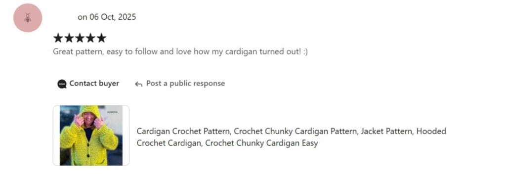 5 star Etsy review 6 Oct 2025. Text reads "Great pattern, easy to follow, and love how my cardigan turned out! :)"