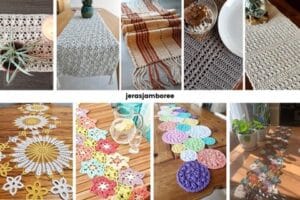 9 images of differently designed crochet table runners
