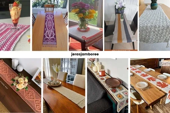 9 photos showing different crochet table runners laid flat on tables