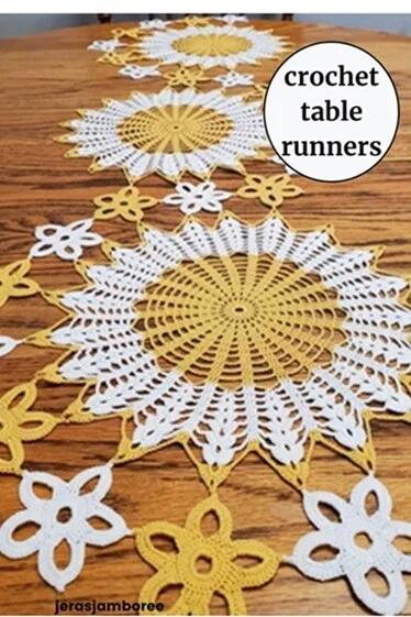 Pinterest Pin showing a decorative table runner with the text 'crochet table runners'