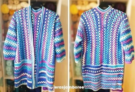 Front and back views of a vibrant crochet summer cardigan made with multicolored granny stripes in shades of blue, purple, pink, and white, displayed on a hanger in front of yarn shelves.