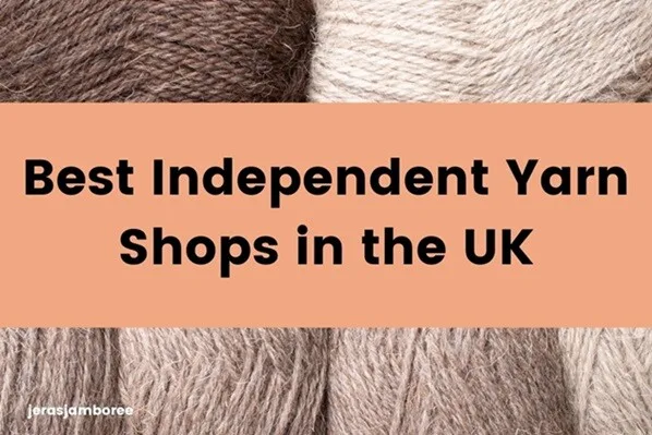 Holding image for a searchable table of independent yarn shops in the UK.  Background is yarn in shades of brown and cream