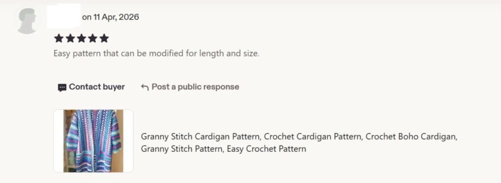 11 Apr 2026 - 5 star Etsy review "easy pattern that can be modified for length and size"