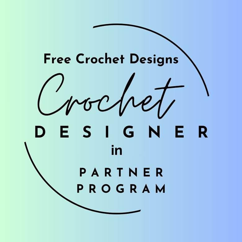 Green and blue background with the text "Free Crochet Designs Crochet Designer in Partner Program"