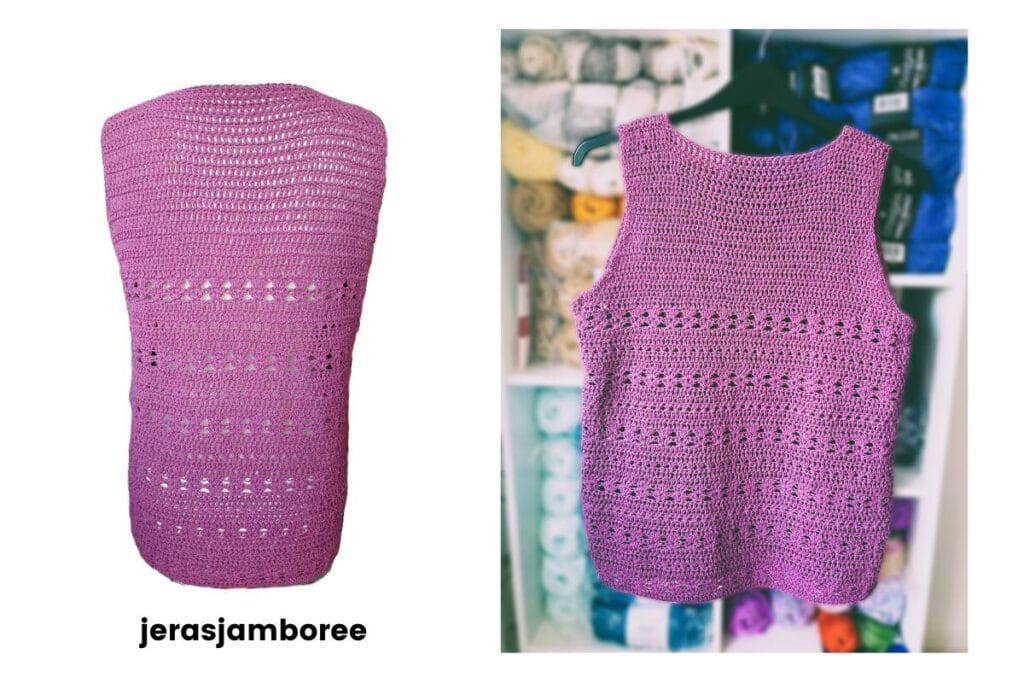 Two views of the back of the Ava Crochet Summer Vest in rich purple yarn. On the left, the vest is displayed flat with visible openwork rows and a rounded hem, while on the right, it's hanging in front of a yarn shelf, highlighting the stitch detail and sleeveless cut. The “jerasjamboree” branding is placed at the bottom left.