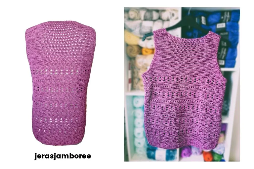 Two views of the back of the Ava Crochet Summer Vest in rich purple yarn. On the left, the vest is displayed flat with visible openwork rows and a rounded hem, while on the right, it's hanging in front of a yarn shelf, highlighting the stitch detail and sleeveless cut. The “jerasjamboree” branding is placed at the bottom left.