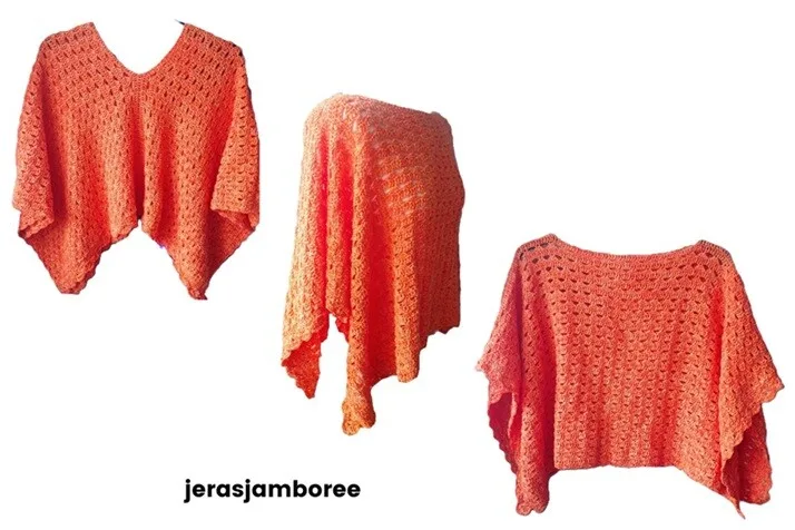 A collage of three images showcasing an orange crochet poncho in different styles. The left image features the poncho with a V-neckline and a pointed hem. The middle image displays the poncho draped over a mannequin, highlighting its drape and openwork design. The right image presents the poncho in a boat-neck style with a straight hem. 