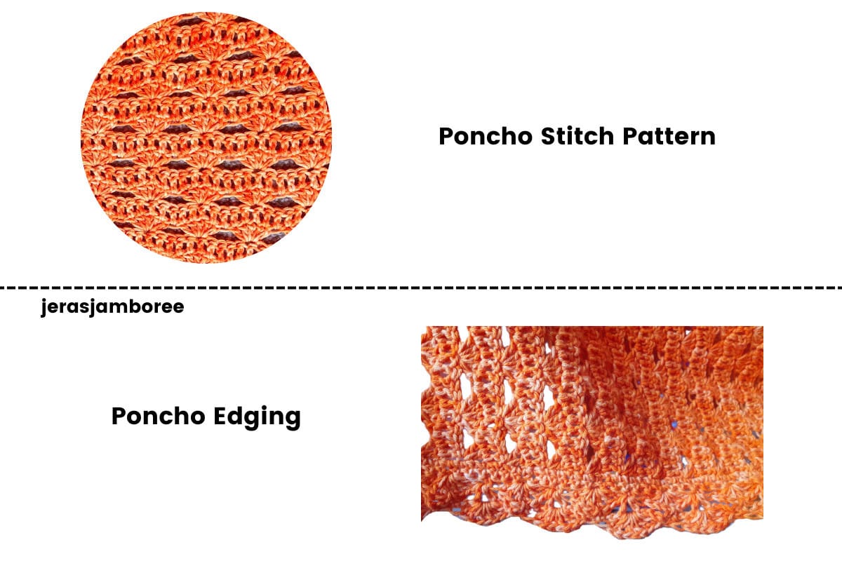 A close-up view of the crochet poncho's stitch details, divided into two sections. The top section, labeled "Poncho Stitch Pattern," features a circular close-up of the textured stitches in orange yarn. The bottom section, labeled "Poncho Edging," highlights the scalloped border of the poncho with an intricate openwork design. The text "jerasjamboree" appears along a dashed line separating the two sections.