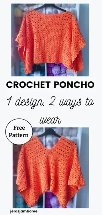 Two images of an orange crochet poncho displayed on a hanger, showing two different ways to wear it. The top image features the poncho with a boat neckline, while the bottom image showcases a V-neck version with a pointed hem. The text reads "CROCHET PONCHO – 1 design, 2 ways to wear" with a circular badge that says "Free Pattern." The background contains shelves filled with colorful yarn. The bottom text credits "jerasjamboree."