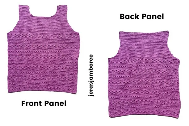 Side-by-side images showing the front and back panels of the Ava Crochet Summer Vest laid flat. Both panels are made from vibrant purple yarn with alternating rows of openwork and solid stitches. Bold black text labels each panel, and "jerasjamboree" is written vertically between them.