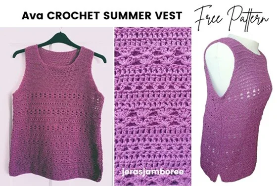 Three views of the Ava Crochet Summer Vest, a sleeveless, scoop-neck top made in a vibrant purple yarn. The left image shows the full front view on a hanger, the middle highlights the intricate crochet stitch pattern up close, and the right displays the side and back on a mannequin. Text reads "Ava Crochet Summer Vest – Free Pattern" and "jerasjamboree" as the source.
