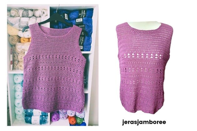 Two images of the Ava Crochet Summer Vest in a dusty purple yarn. The left side shows the vest hanging in front of shelves filled with colorful yarn skeins, while the right displays the vest on a mannequin with a flat front view. Both images highlight the lacy, breathable stitch pattern perfect for warm weather, and the text “jerasjamboree” appears at the bottom.