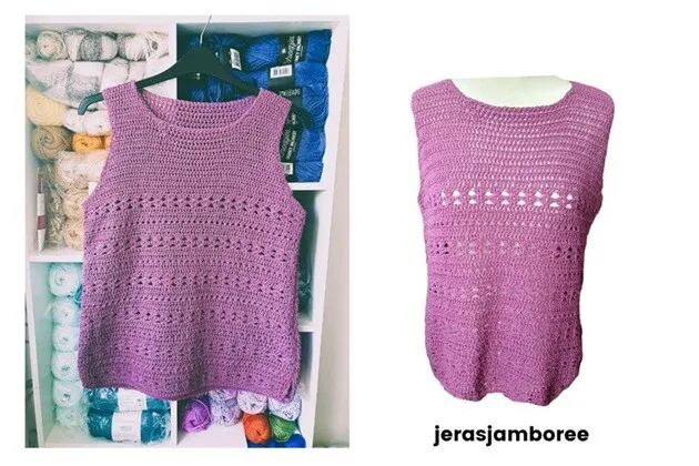 Two images of the Ava Crochet Summer Vest in a dusty purple yarn. The left side shows the vest hanging in front of shelves filled with colorful yarn skeins, while the right displays the vest on a mannequin with a flat front view. Both images highlight the lacy, breathable stitch pattern perfect for warm weather, and the text “jerasjamboree” appears at the bottom.
