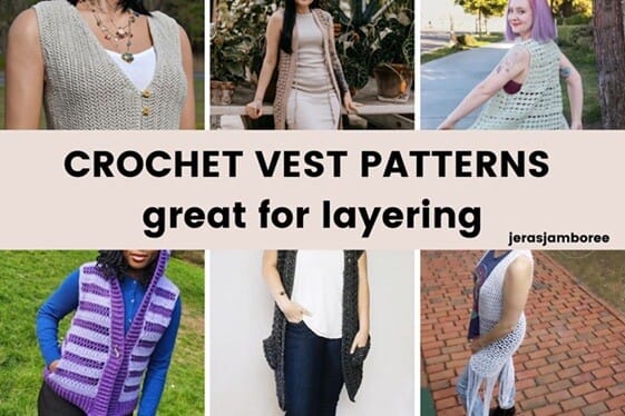 Collage of six crochet vests with a center banner that reads “Crochet Vest Patterns – great for layering” and “jerasjamboree” in the corner. Each vest features a different style and stitch, from classic buttons to fringed and hooded designs, showcasing versatile handmade layering pieces.