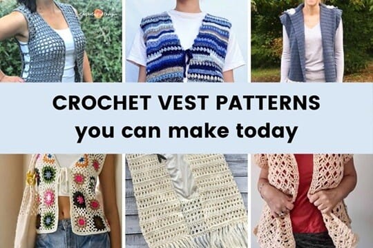 Collage of six crochet vests with a central banner that reads “Crochet Vest Patterns you can make today.” The vests include styles with granny squares, chunky stripes, fringe, open lacework, and solid textured stitches in various colors like blue, cream, and red.