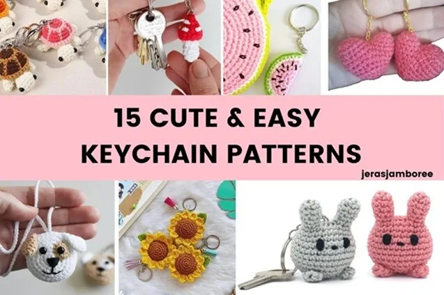 A collage showing 10 crochet keychain patterns, including turtles, a mushroom, watermelon slices, hearts, a dog face, sunflowers, and two bunny characters. The central banner reads "15 Cute & Easy Keychain Patterns" with the website "jerasjamboree" in the bottom right. Each keychain design is handmade with colorful yarn and arranged in close-up shots.
