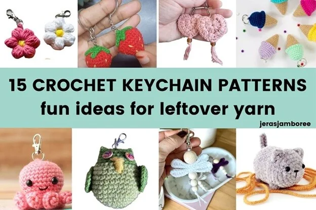 A collage featuring 10 colorful crochet keychain designs made from leftover yarn, including flowers, strawberries, hearts, ice cream cones, an octopus, an owl, a dragonfly, and a cat. The central banner reads "15 Crochet Keychain Patterns – fun ideas for leftover yarn" with the source "jerasjamboree" noted at the bottom. Each keychain is showcased in a bright, close-up photo to highlight the handmade textures and details.