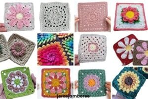 Twelve crochet flower granny squares in a colorful collage, each featuring different floral designs including daisies, sunflowers, spirals, and textured petals. The squares vary in stitch style, shape, and color palette, showcasing creative ideas for any crochet flower granny square project. Branding at the bottom reads “jerasjamboree.”