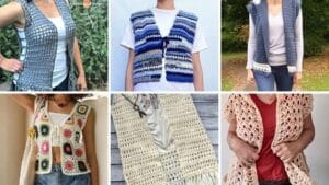 Collage of six crochet vests displayed on models. Top row features a grey open-front vest, a striped blue and white vest, and a denim-toned vest with lace edging. Bottom row shows a granny square vest with floral motifs, a cream fringed vest, and a peach lacy vest over a red shirt.