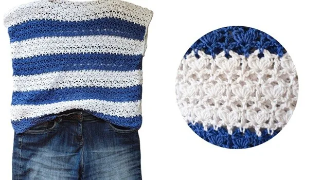 Sleeveless crochet top with bold horizontal stripes in blue and white, laid flat over a pair of denim jeans. A circular inset highlights the textured stitch pattern in close-up detail.