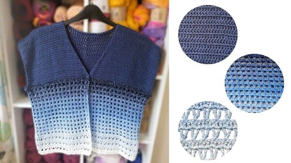 The Lunara Crochet Cardigan hangs on a black hanger in front of yarn shelves, showcasing its navy-to-white gradient and airy stitch detail. On the right, three circular swatches give a close-up view of the cardigan’s different crochet textures, from solid double crochet to open mesh and treble v-stitch patterns.