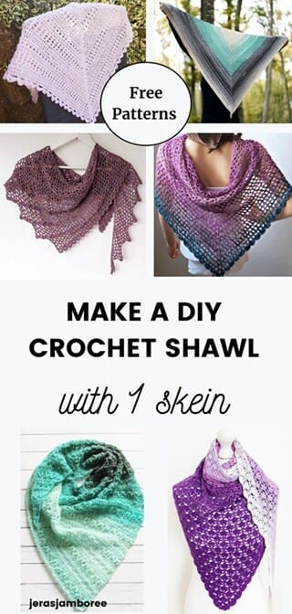 Vertical collage featuring eight one-skein crochet shawls in various styles and colors, with text that reads “Make a DIY Crochet Shawl with 1 skein” and “Free Patterns.” Shawls include lacy, textured, and gradient designs in purples, greens, and neutrals, showcasing project variety
