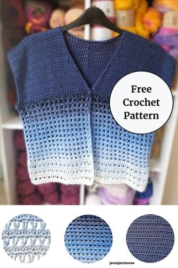 Pinterest graphic featuring the Lunara Crochet Cardigan, a gradient blue-to-white short sleeve design displayed on a hanger in front of yarn shelves. A circular label on the right reads “Free Crochet Pattern.” Below the cardigan, three round swatches showcase close-ups of the cardigan's textured stitches: treble v-stitch, mesh cluster, and double crochet.