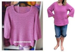 Side-by-side images showing the Elodie Crochet Pullover. On the left, the lightweight pink pullover hangs on a black hanger, featuring a wide neckline and three-quarter sleeves. On the right, a woman models the pullover with rolled-up denim shorts, showcasing its relaxed, beginner-friendly fit