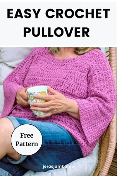 A woman is seated in a cozy chair wearing the pink Elodie Pullover with flared sleeves, holding a colorful mug. Text at the top reads “Easy Crochet Pullover,” and a circular badge says “Free Pattern.” The “jerasjamboree” watermark is at the bottom.