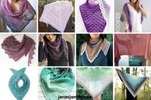 Collage of twelve colorful one-skein crochet shawls. Shawls feature various textures, stitches, and yarn gradients in purples, greens, teals, and pinks, highlighting a range of beginner-friendly designs.