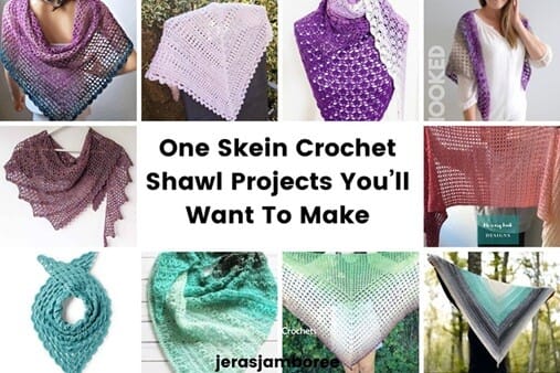 Collage of ten colorful one-skein crochet shawls arranged around the title “One Skein Crochet Shawl Projects You’ll Want To Make.” Shawls feature various textures, stitches, and yarn gradients in purples, greens, teals, and pinks, highlighting a range of beginner-friendly designs.