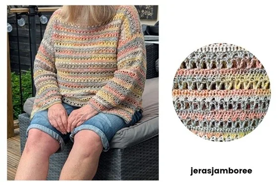 A woman sits on a garden seat wearing the Orla Crochet Pullover, showing the relaxed fit and soft striped texture of the sweater. To the right, a close-up circular inset highlights the open stitch pattern and blend of pastel yarn colors. The word "jerasjamboree" appears below the detail image.