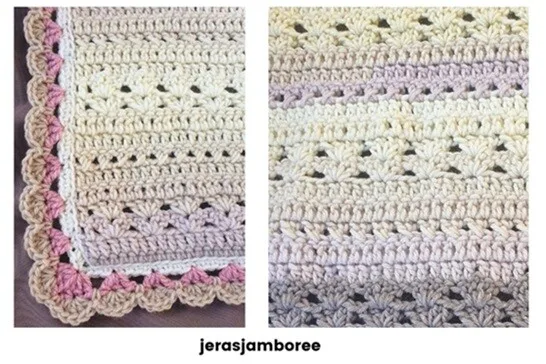 The image shows two close-up views of the Twilight Haven Crochet Blanket. On the left, the folded corner highlights the pink scalloped border with cream and pastel stitches. On the right, a detailed section of the blanket displays the stitch pattern in soft shades of cream, yellow, lilac, and beige. The textures of the clusters and rows are clearly visible. The word “jerasjamboree” is printed at the bottom of the image.