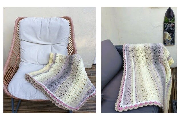 The image shows two views of the Twilight Haven Crochet Blanket. On the left, the blanket is draped over a cushioned wicker chair, showing its pastel ombré stripes in cream, yellow, lilac, and grey with a pink scalloped border. On the right, the blanket is displayed across the back of a grey outdoor sofa, highlighting the length, colour changes, and textured stitches.