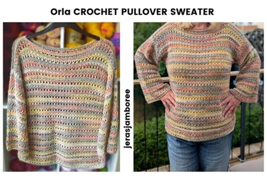 Side-by-side images of the Orla Crochet Pullover Sweater. On the left, the sweater hangs on a hanger showing its open stitch pattern and striped pastel colors. On the right, it is worn outdoors, showcasing the relaxed fit and lightweight drape. Text reads "Orla CROCHET PULLOVER SWEATER" with "jerasjamboree" written vertically
