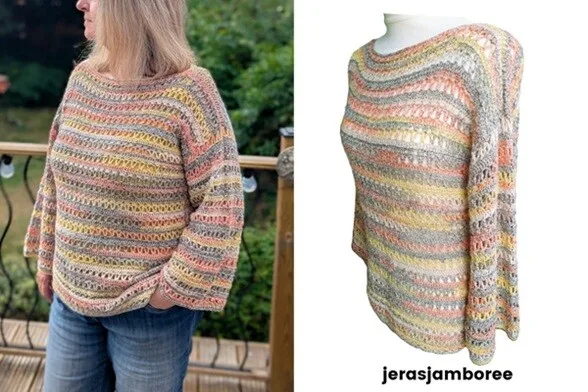 Two side views of the Orla Crochet Pullover Sweater. On the left, a woman wears the sweater outdoors with her hands in her pockets, showing the loose fit and drape of the sleeves. On the right, the sweater is displayed on a mannequin against a white background, highlighting the side seam and curved neckline. The soft striped colors and open stitch pattern are clearly visible. "jerasjamboree" appears at the bottom.
