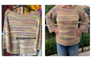 Side-by-side images of the Orla Crochet Pullover Sweater. On the left, the sweater hangs on a hanger showing its open stitch pattern and striped pastel colors. On the right, it is worn outdoors, showcasing the relaxed fit and lightweight drape.