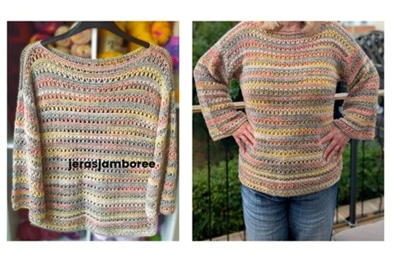 Side-by-side images of the Orla Crochet Pullover Sweater. On the left, the sweater hangs on a hanger showing its open stitch pattern and striped pastel colors. On the right, it is worn outdoors, showcasing the relaxed fit and lightweight drape.