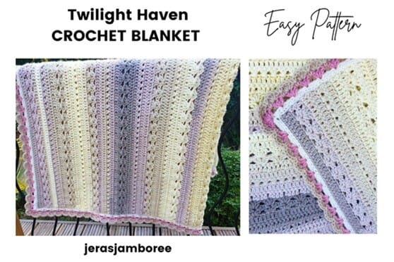 image shows the Twilight Haven Crochet Blanket. On the left, the blanket is draped over a black metal fence outdoors, displaying its soft pastel stripes in cream, yellow, grey, and lilac with a pink scalloped border. On the right, there’s a close-up of the blanket’s stitch detail and border. Text at the top reads “Twilight Haven Crochet Blanket” and “Easy Pattern,” with “jerasjamboree” at the bottom.