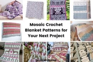 Collage of ten different mosaic crochet blanket patterns in various colours and designs, with text in the centre reading “Mosaic Crochet Blanket Patterns for Your Next Project” from Jera’s Jamboree.