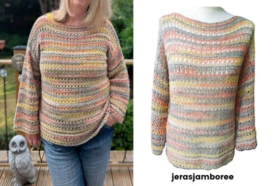 Two views of the Orla Crochet Pullover Sweater. On the left, a woman wears the lightweight striped sweater outdoors, showing its relaxed fit and drop shoulder style. On the right, the sweater is displayed on a mannequin against a white background, highlighting the textured stitch pattern and soft gradient colors. The word "jerasjamboree" appears at the bottom.