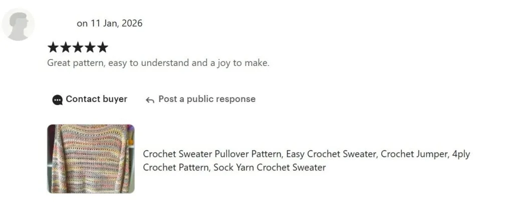 5 star Etsy review dated 11 Jan 2026 "Great pattern, easy to understand and a joy to make"