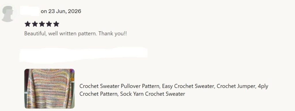 5 star Etsy review dated 23 June 2026.  Text reads "Beautiful, well written pattern.  Thank you!!"