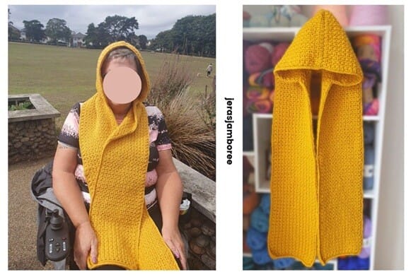 Woman wearing a mustard yellow crochet hooded scarf with long length, shown outdoors. Second view shows the hooded scarf styled on a coat hanger in front of colourful yarn