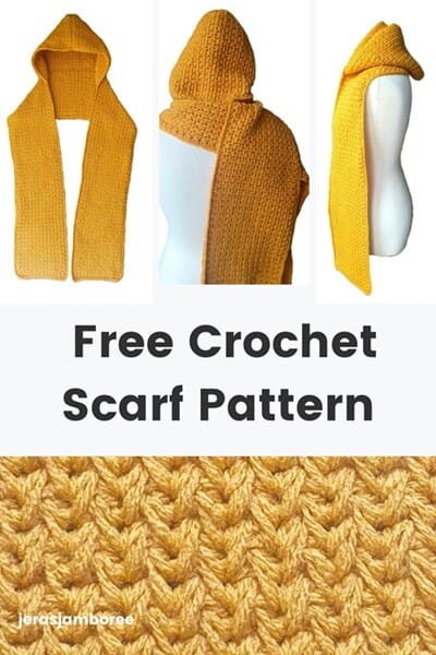 Image shows hooded scarf from front, back and side views. A close up of the feather crochet stitch is underneath. Text reads "free crochet scarf pattern"