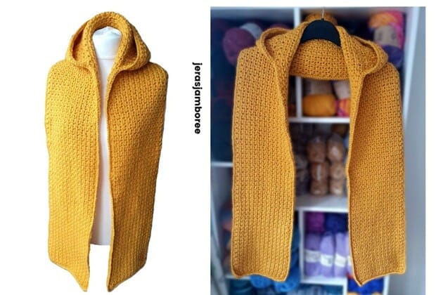 Mustard yellow crochet hooded scarf displayed on a mannequin from the front, with second view showing the scarf hanging indoors against yarn shelves.