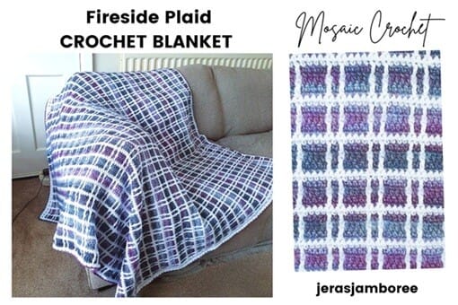 Fireside Plaid Crochet Blanket displayed on a sofa, showing its purple, blue, and white tartan design beside a close-up of the mosaic crochet stitches, with the words “Fireside Plaid Crochet Blanket – Mosaic Crochet” and the Jera’s Jamboree logo.