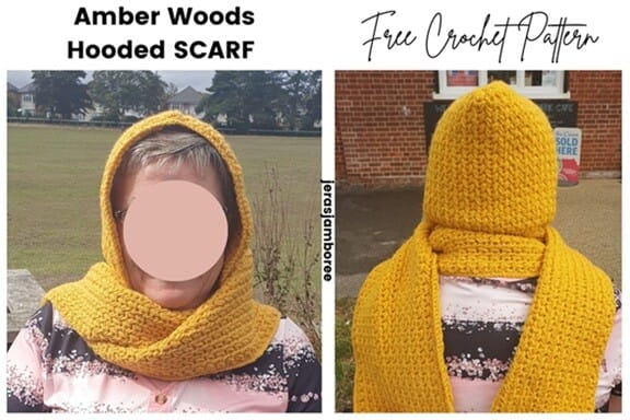 Woman wearing a mustard yellow crochet hooded scarf, shown from front and back. Textured feather stitch. Text on image reads "Amber Woods Hooded Scarf" and "Free Crochet Pattern"