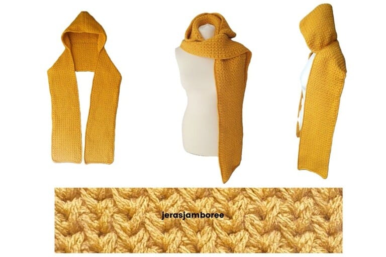 Mustard yellow crochet hooded scarf displayed on a mannequin in three angles, with close-up of feather stitch texture shown at the bottom.